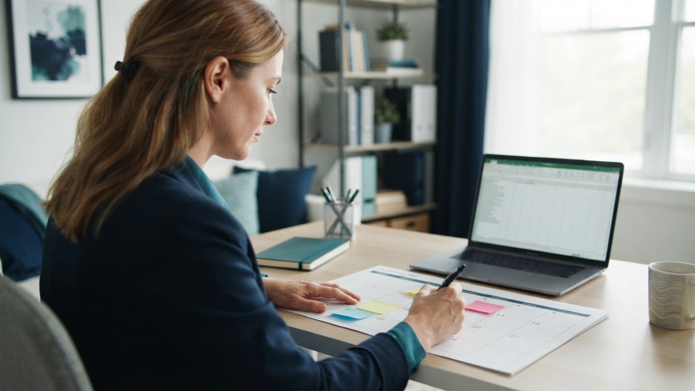 real estate marketing plan worksheet being filled in by an agent at a desk