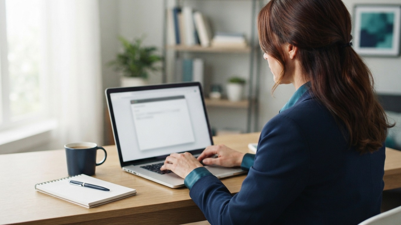 agent typing an email at a laptop in a bright home office