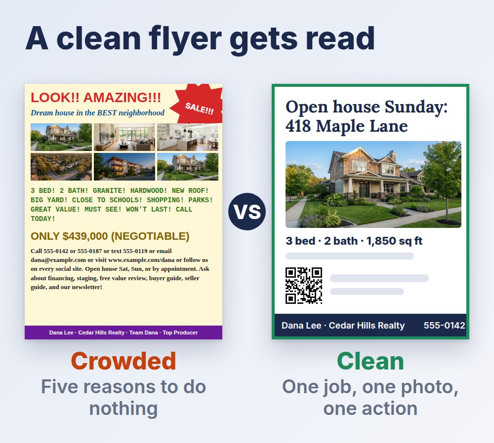 flyer for real estate: a crowded flyer next to a clean flyer with one job, one photo and one action