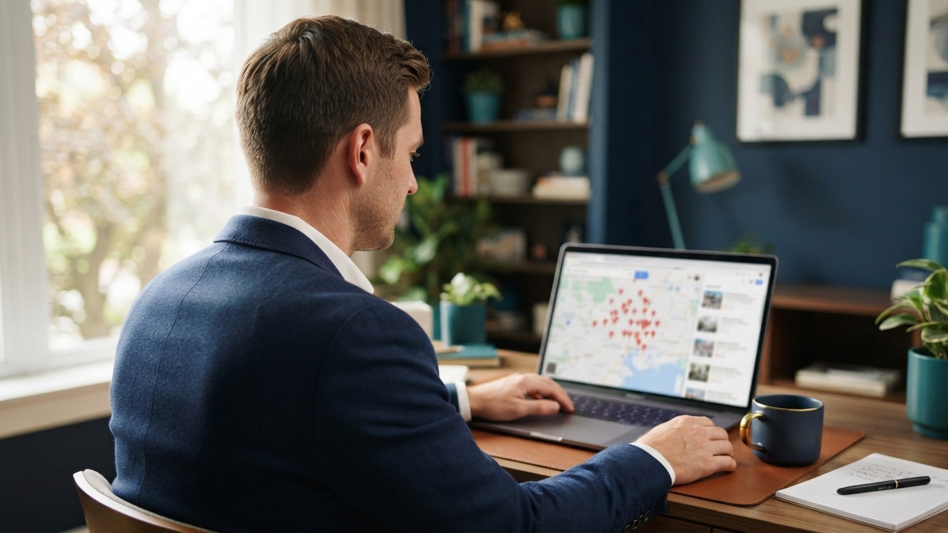 real estate seo agent reviewing local search results on a laptop