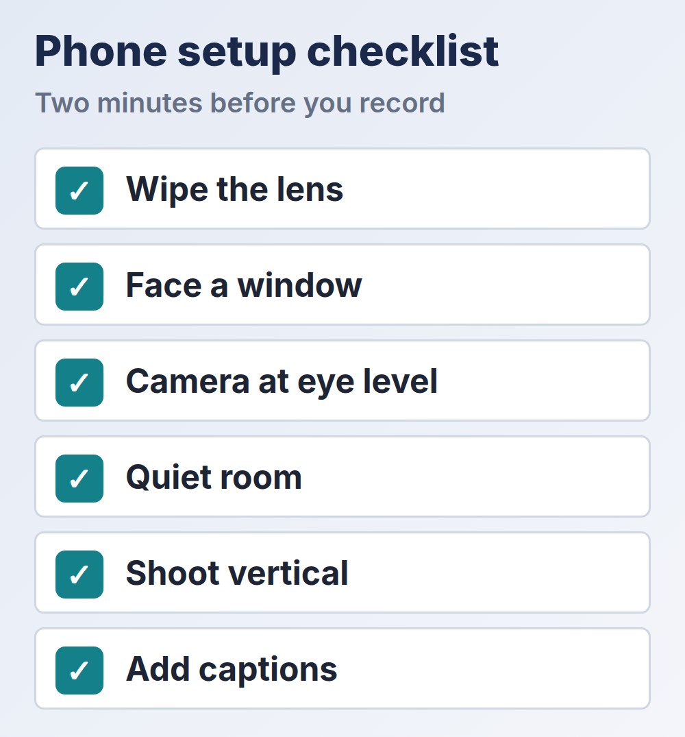 phone video setup checklist with six steps
