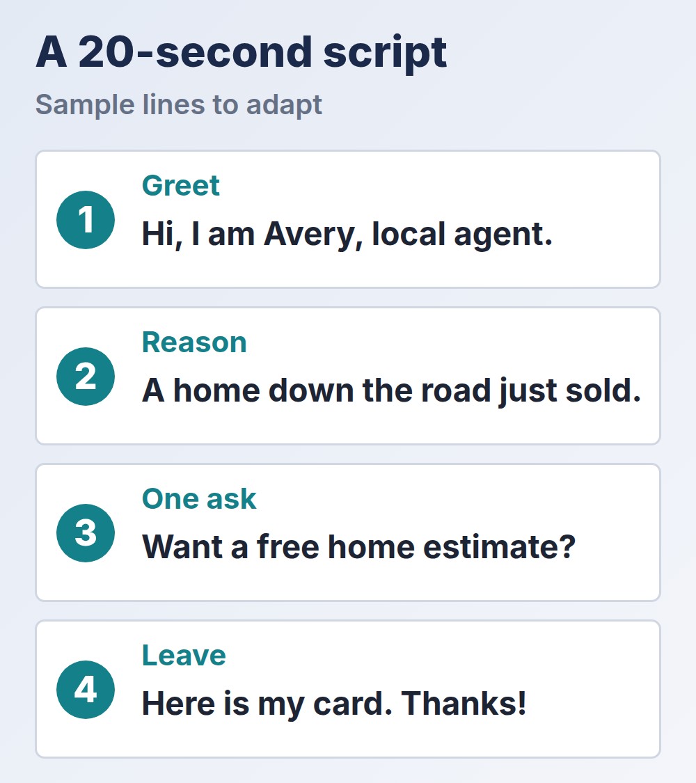 20-second door knocking script: greet, reason, one ask, leave