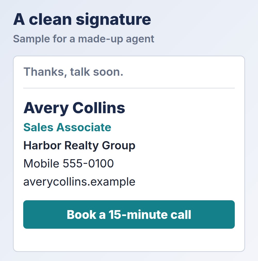 sample clean real estate email signature with name, brokerage and call button