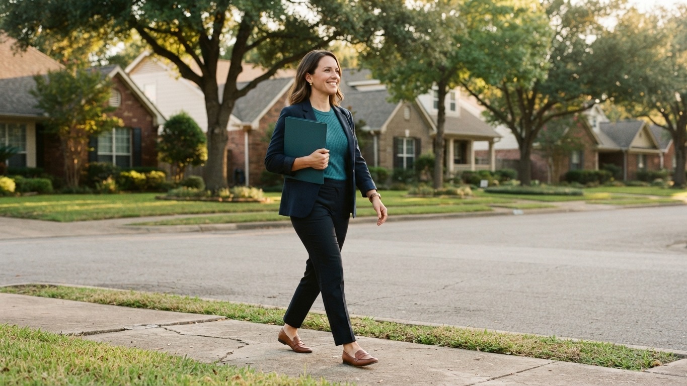 agent walking a suburban street of similar houses holding a folder