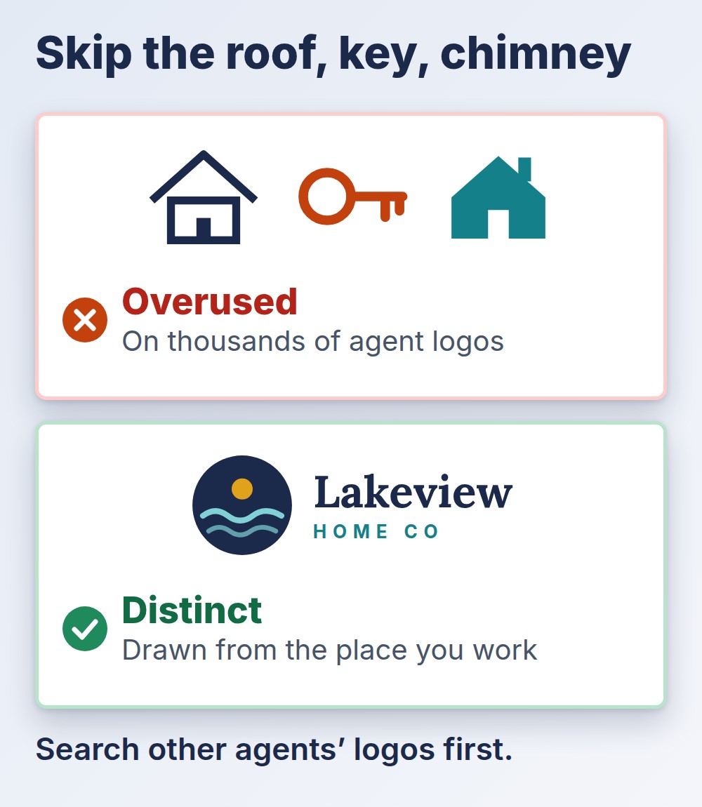Real estate agent logo: overused house, key and roof marks versus a distinct place-based mark