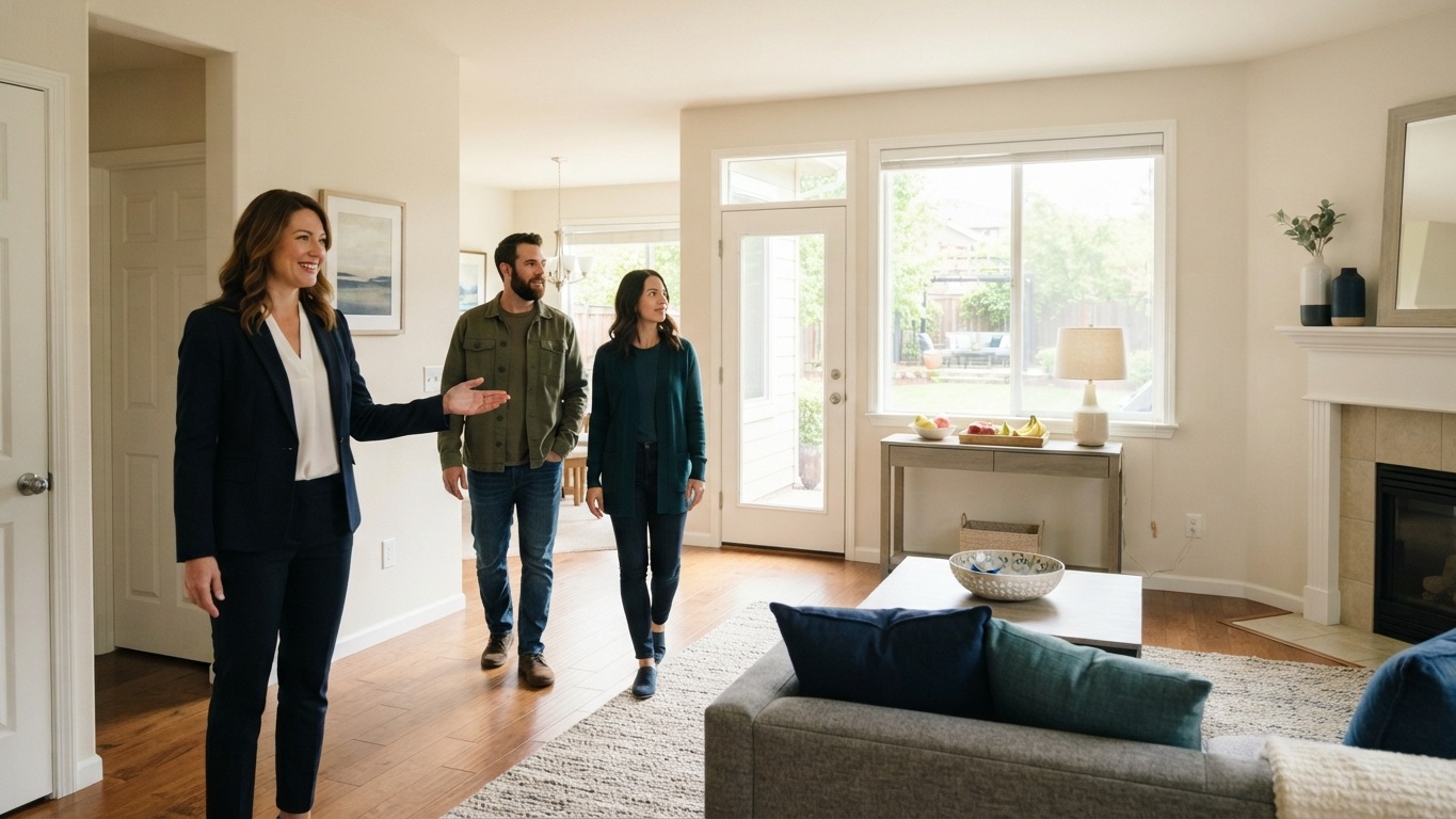 agent welcoming two visitors in a bright staged living room