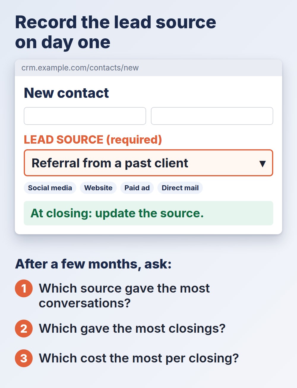 real estate marketing sample contact form with a required lead source field and three review questions
