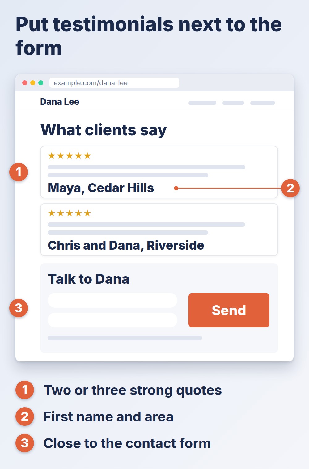 real estate testimonials: sample agent web page with client quotes placed next to the contact form
