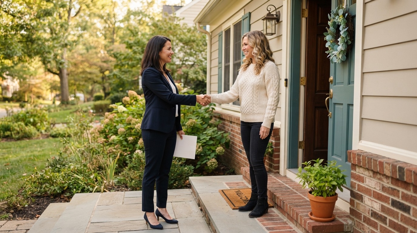 real estate agent referral agent shaking hands with a past client at the front door