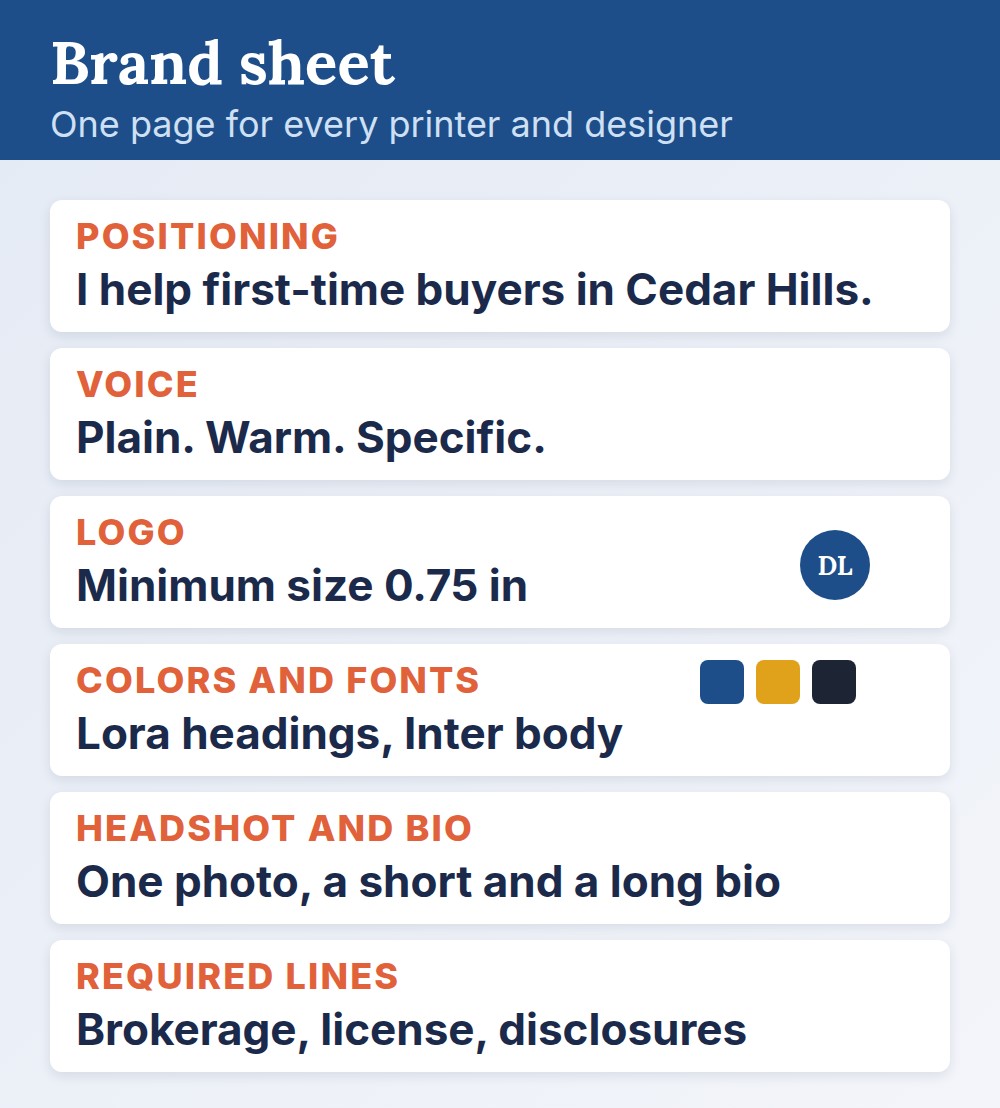 real estate branding sample one-page brand sheet: positioning, voice, logo, colors, fonts, bio, required lines