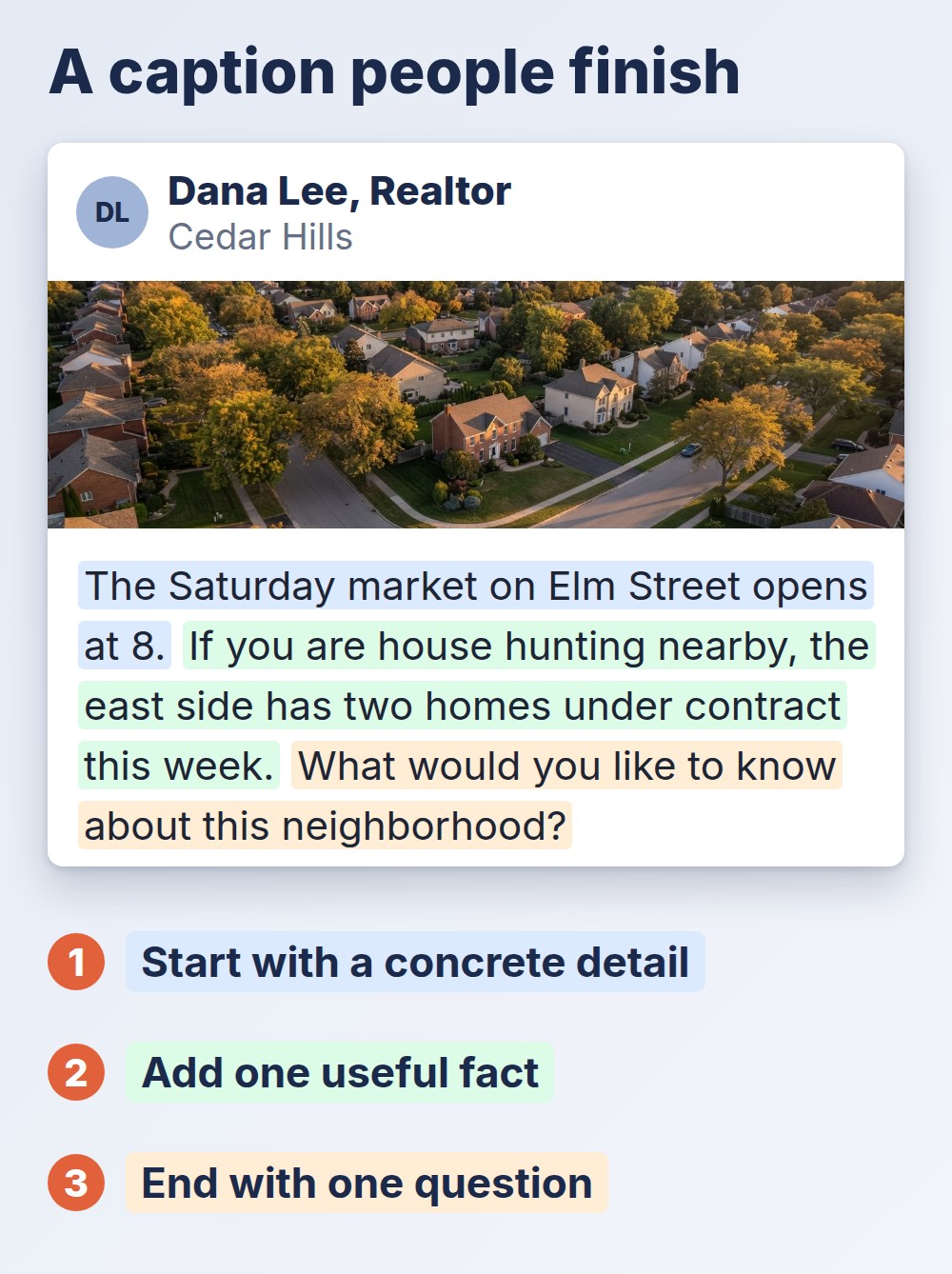 social media for realtors sample post with a caption: concrete detail, useful fact, one question