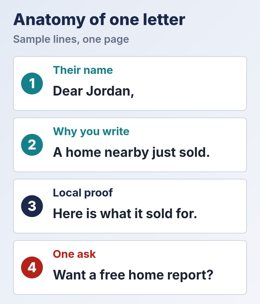 four parts of a prospecting letter: name, reason, local proof, one ask