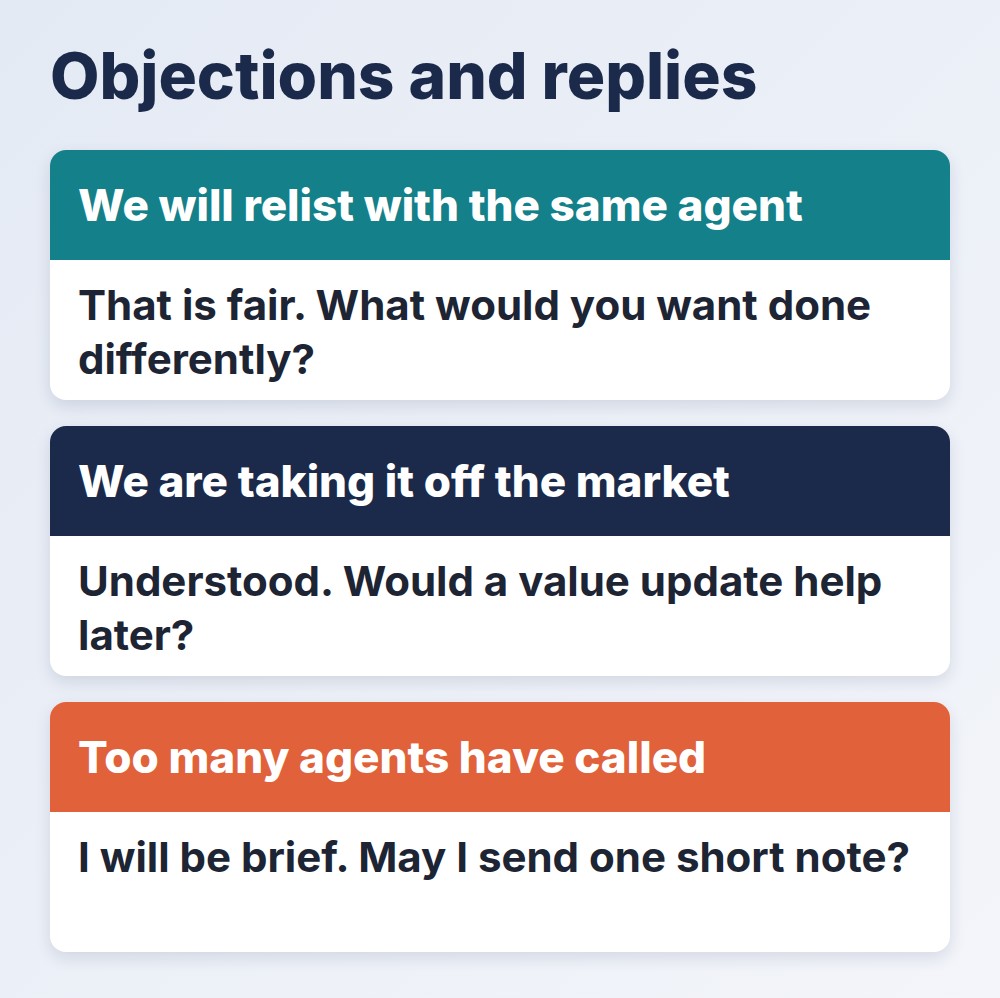 expired listing script objections and replies: same agent, off the market, too many calls